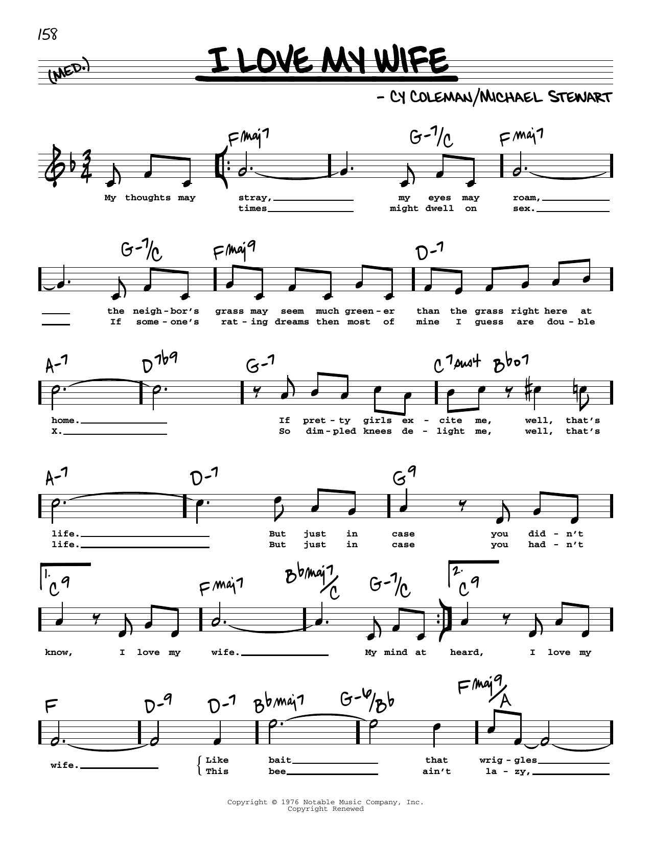 Learn to play Michael Stewart I Love My Wife (High Voice) sheet music for Real Book – Melody, Lyrics & Chords in minutes. Price: 5.9900$ Michael Stewart I Love My Wife (High Voice) sheet music notes and chords arranged for Real Book – Melody, Lyrics & Chords
