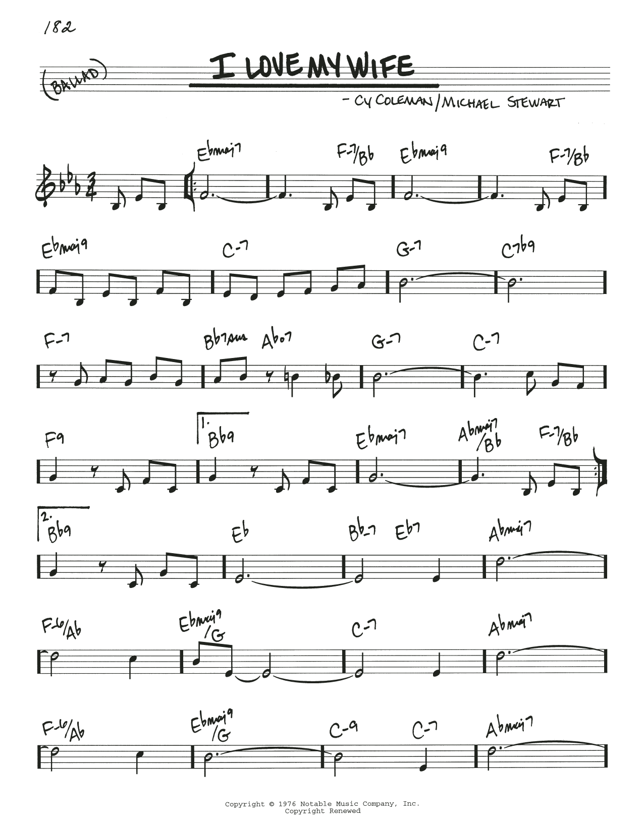 Learn to play Michael Stewart I Love My Wife sheet music for Real Book – Melody & Chords in minutes. Price: 5.9900$ Michael Stewart I Love My Wife sheet music notes and chords arranged for Real Book – Melody & Chords