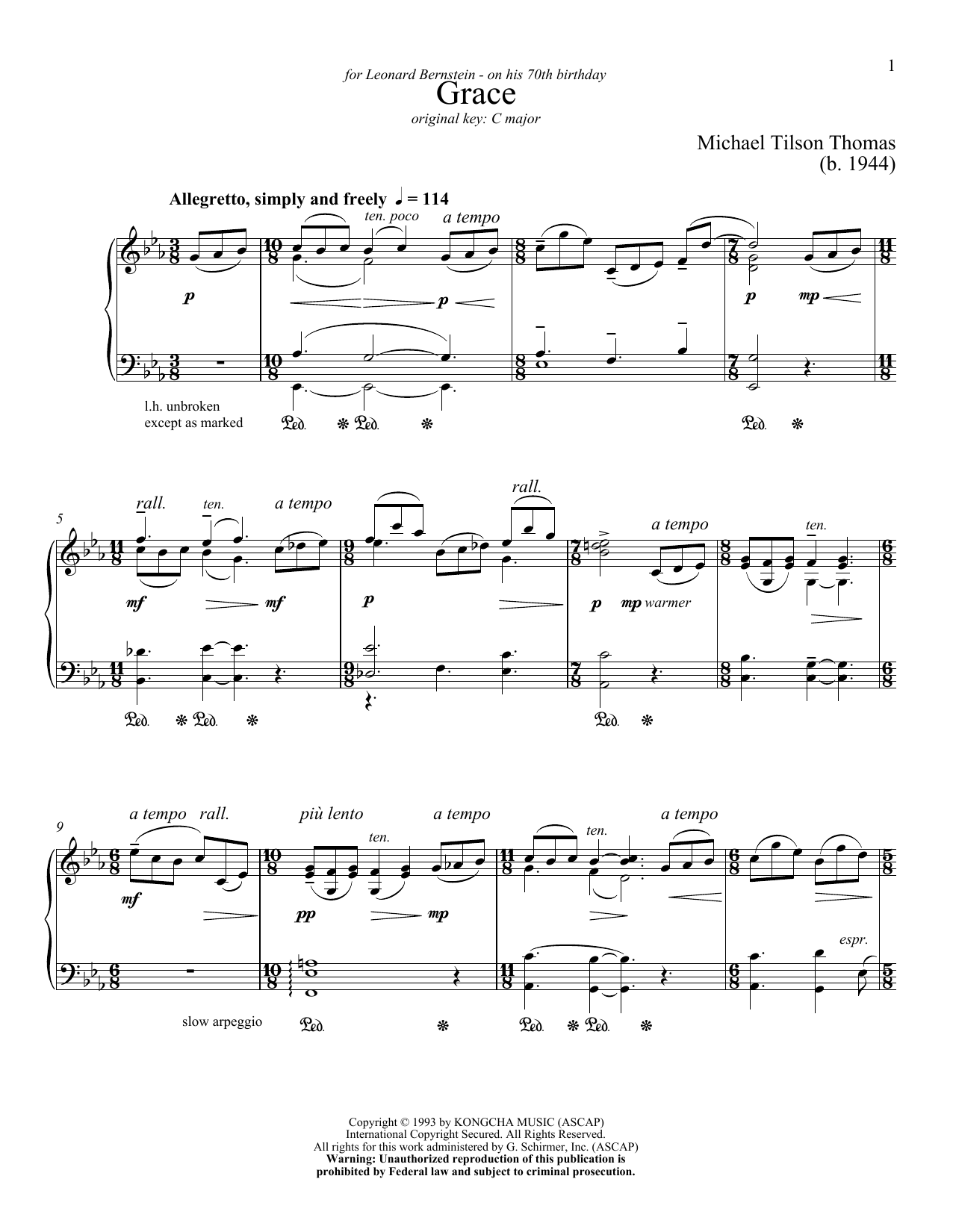 Michael Tilson Thomas Grace sheet music notes and chords. Download Printable PDF.