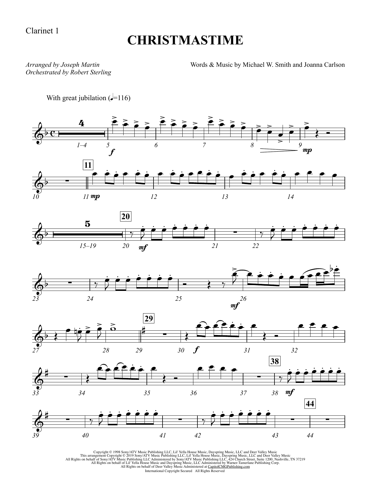 Michael W. Smith & Joanna Carlson Christmastime (arr. Joseph M. Martin) - Bb Clarinet 1 sheet music notes and chords. Download Printable PDF.