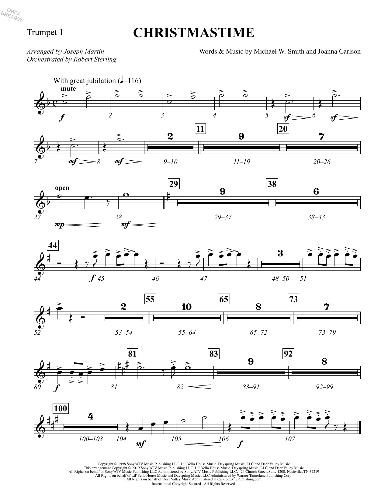 Michael W. Smith & Joanna Carlson Christmastime (arr. Joseph M. Martin) - Bb Trumpet 1 sheet music notes and chords. Download Printable PDF.