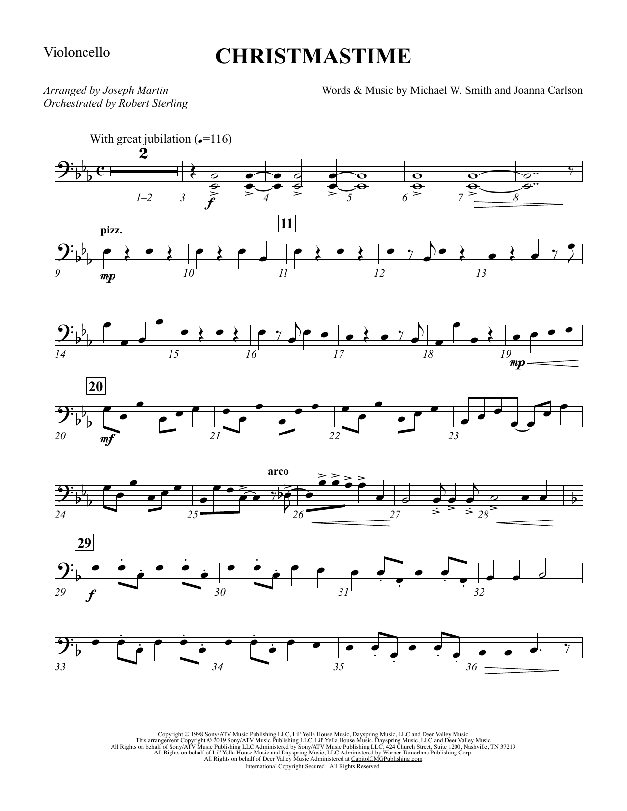 Michael W. Smith & Joanna Carlson Christmastime (arr. Joseph M. Martin) - Cello sheet music notes and chords. Download Printable PDF.