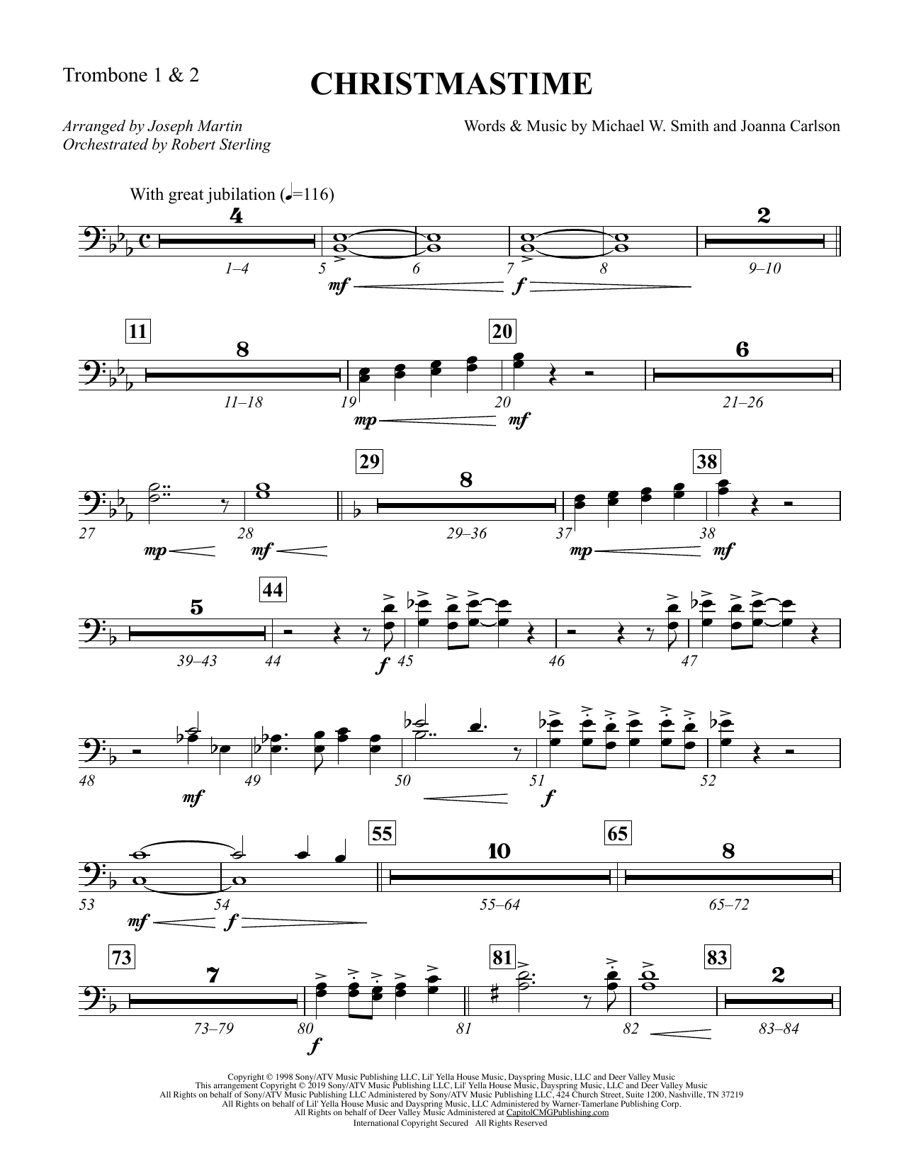 Michael W. Smith & Joanna Carlson Christmastime (arr. Joseph M. Martin) - Trombone 1 & 2 sheet music notes and chords. Download Printable PDF.