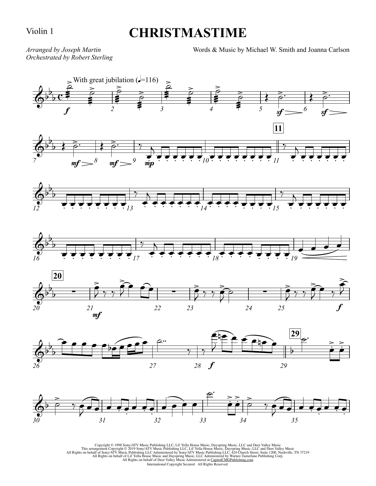 Michael W. Smith & Joanna Carlson Christmastime (arr. Joseph M. Martin) - Violin 1 sheet music notes and chords. Download Printable PDF.