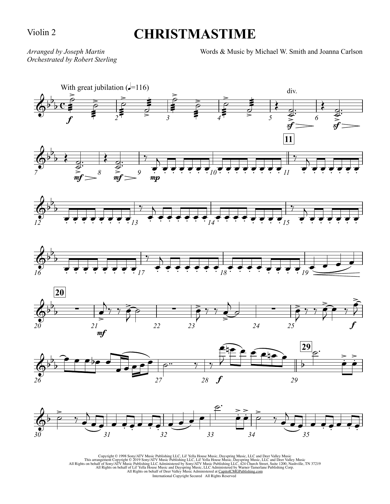 Michael W. Smith & Joanna Carlson Christmastime (arr. Joseph M. Martin) - Violin 2 sheet music notes and chords. Download Printable PDF.