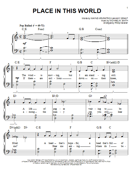 Learn to play Phillip Keveren Place In This World sheet music for Easy Piano in minutes. Price: 6.9900$ Phillip Keveren Place In This World sheet music notes and chords arranged for Easy Piano