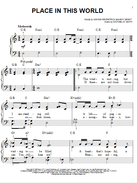 Michael W. Smith Place In This World sheet music notes and chords arranged for Easy Piano