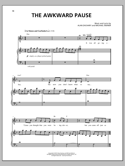 Learn to play Michael Weiner The Awkward Pause sheet music for Piano & Vocal in minutes. Price: 7.8900$ Michael Weiner The Awkward Pause sheet music notes and chords arranged for Piano & Vocal