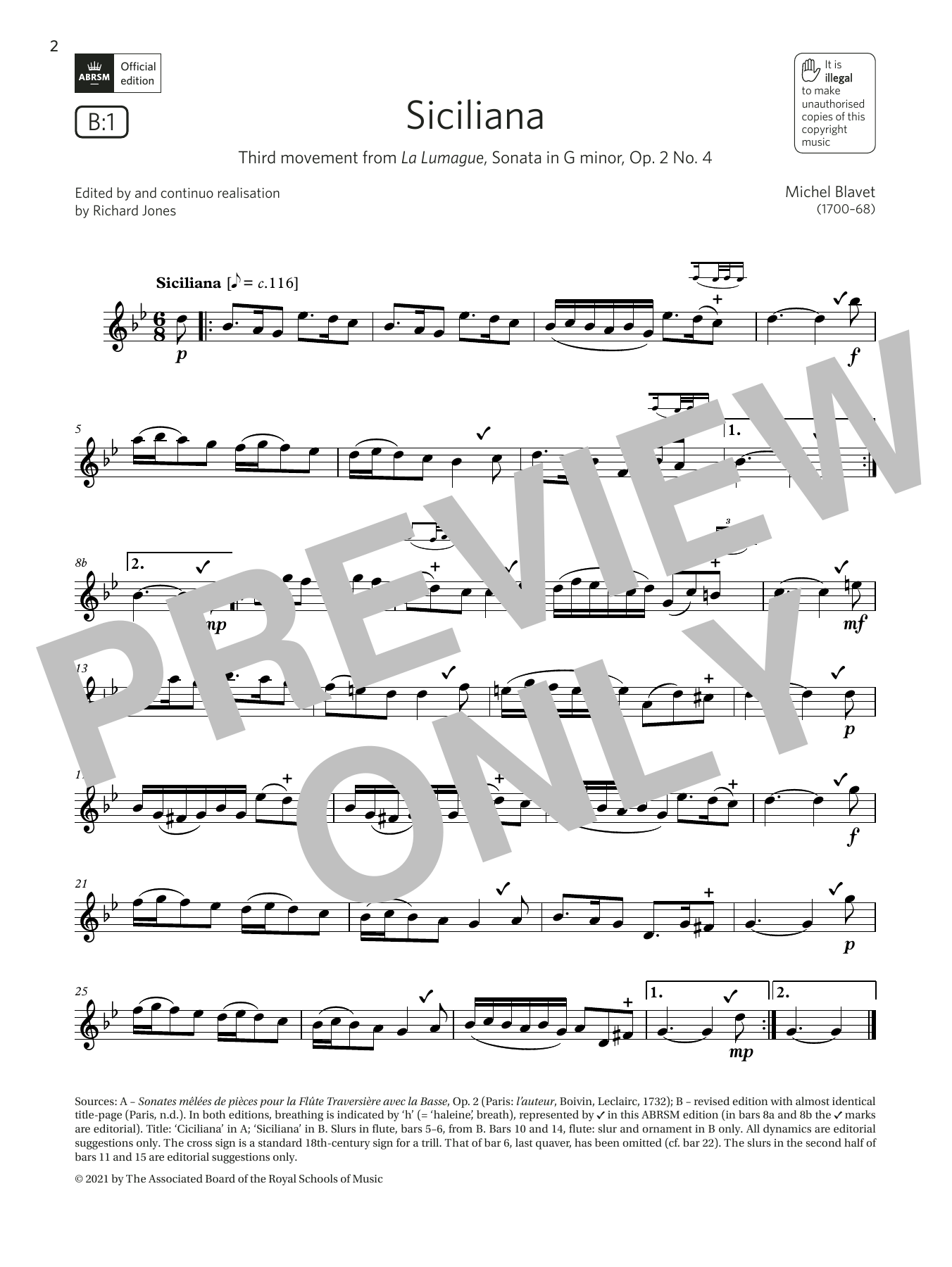 Michel Blavet Siciliana (from Sonata in G minor, Op2 No4) (Grade 4 B1 from the ABRSM Flute syllabus from 2022) sheet music notes and chords. Download Printable PDF.