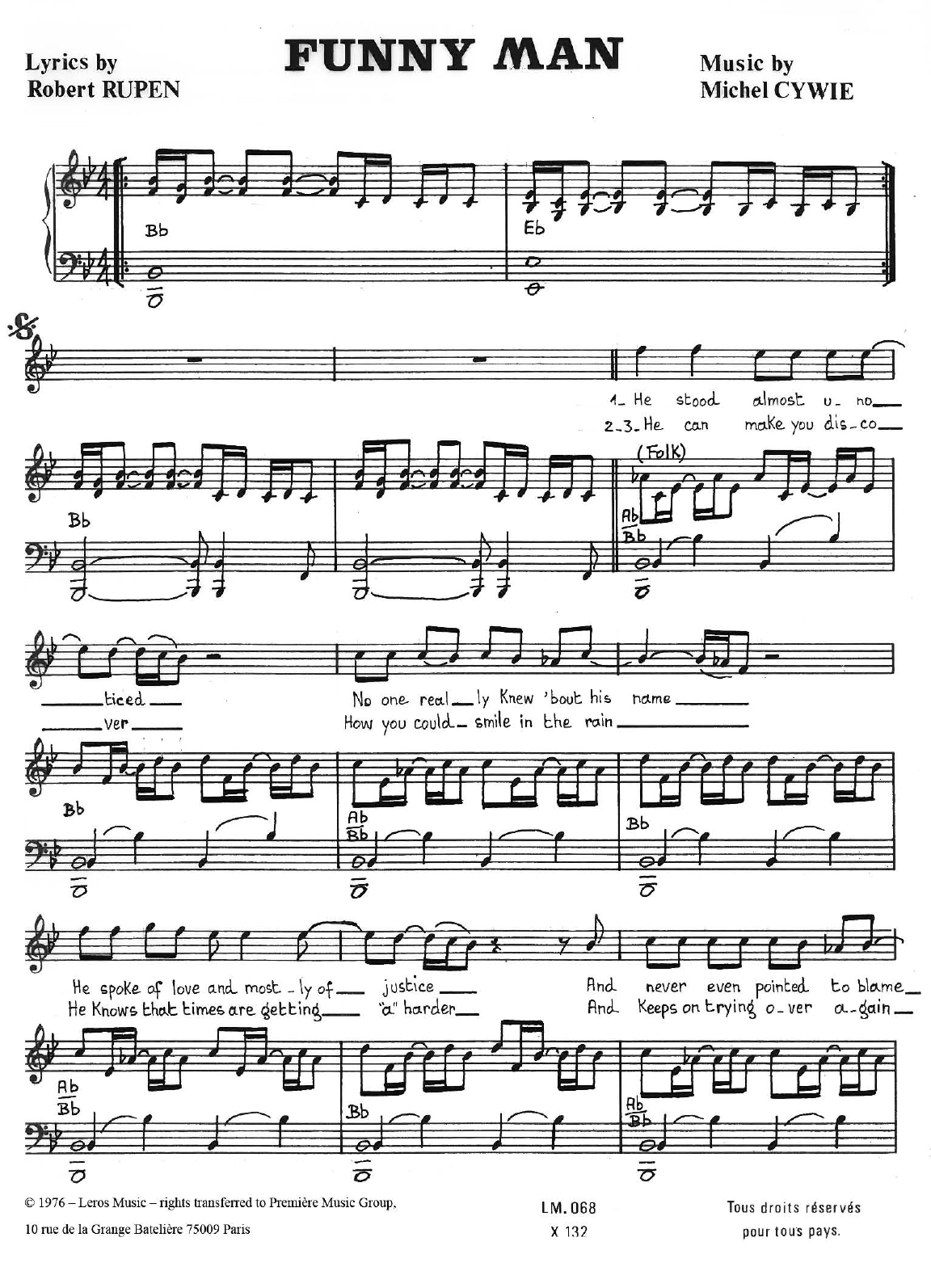 Learn to play Michel Cywie Funny Man sheet music for Piano, Vocal & Guitar Chords in minutes. Price: 7.8900$ Michel Cywie Funny Man sheet music notes and chords arranged for Piano, Vocal & Guitar Chords