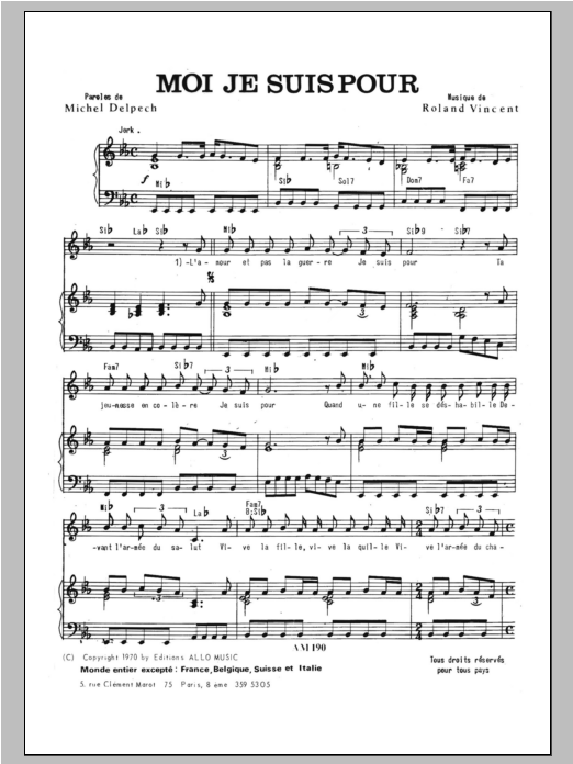 Learn to play Michel Delpech Moi Je Suis Pour sheet music for Piano & Vocal in minutes. Price: 7.8900$ Michel Delpech Moi Je Suis Pour sheet music notes and chords arranged for Piano & Vocal