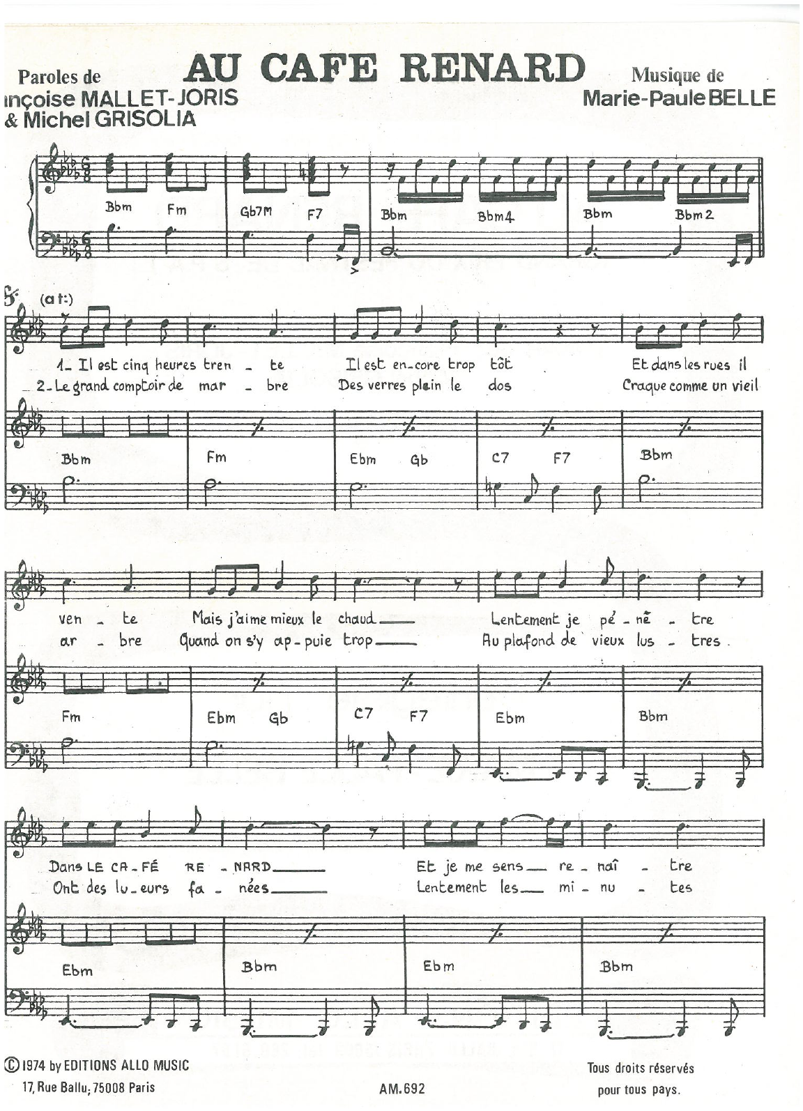 Learn to play Michel Grisolia, Françoise Mallet-Joris and Marie Paule Belle Au Cafe Renard sheet music for Piano & Vocal in minutes. Price: 7.8900$ Michel Grisolia, Françoise Mallet-Joris and Marie Paule Belle Au Cafe Renard sheet music notes and chords arranged for Piano & Vocal