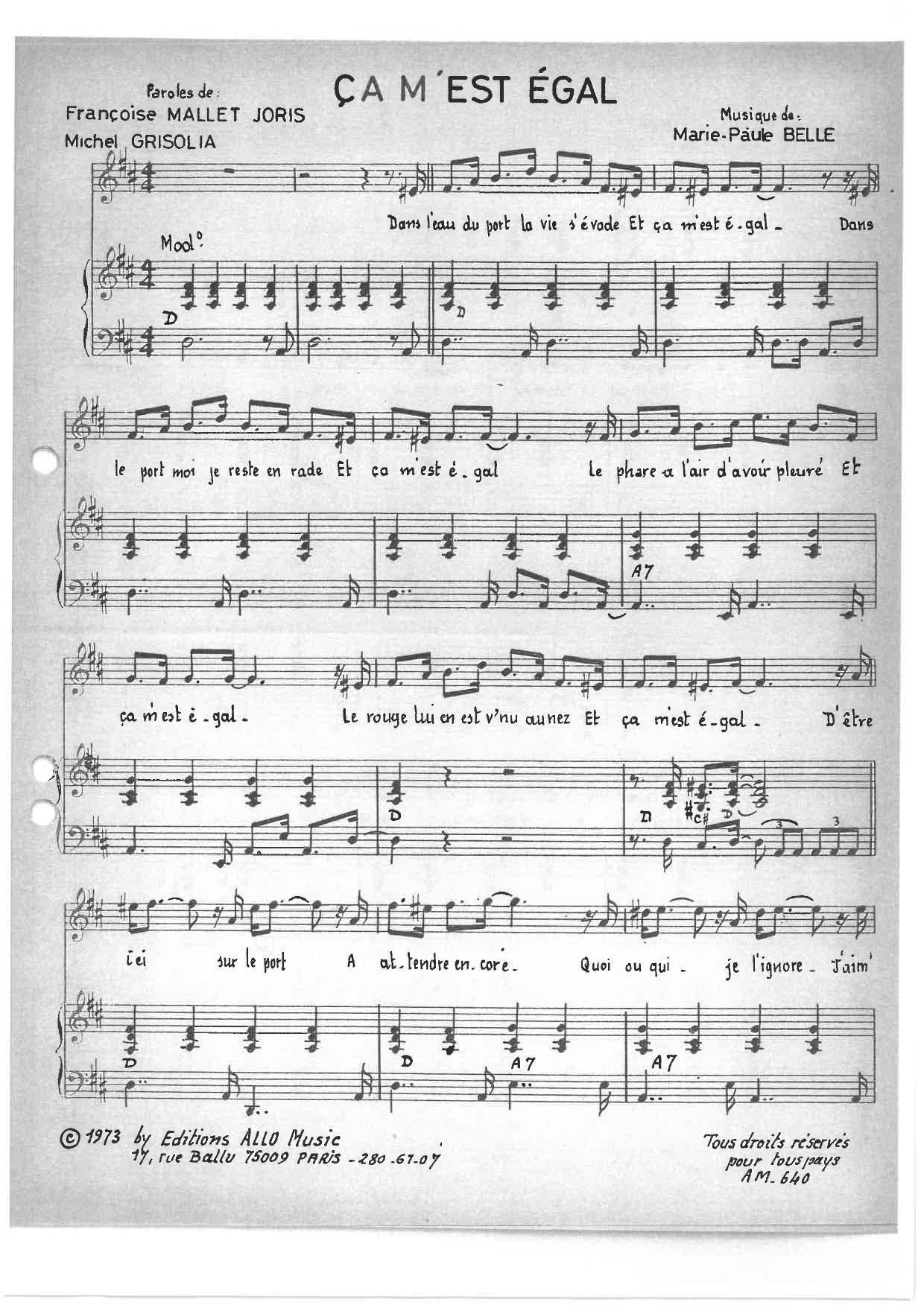 Learn to play Michel Grisolia, Françoise Mallet-Joris and Marie Paule Belle Ca M'est Egal sheet music for Piano & Vocal in minutes. Price: 7.8900$ Michel Grisolia, Françoise Mallet-Joris and Marie Paule Belle Ca M'est Egal sheet music notes and chords arranged for Piano & Vocal