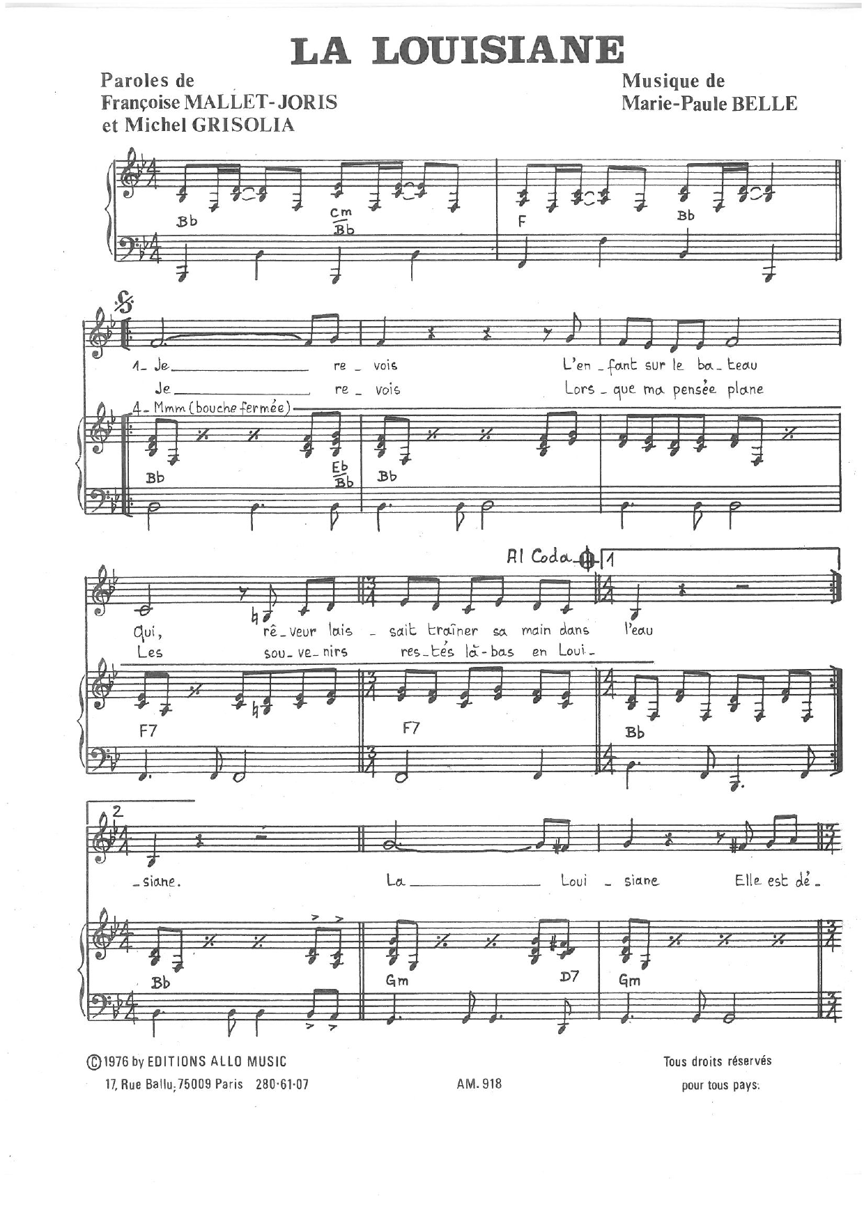 Learn to play Michel Grisolia, Françoise Mallet-Joris and Marie Paule Belle La Louisiane sheet music for Piano & Vocal in minutes. Price: 7.8900$ Michel Grisolia, Françoise Mallet-Joris and Marie Paule Belle La Louisiane sheet music notes and chords arranged for Piano & Vocal