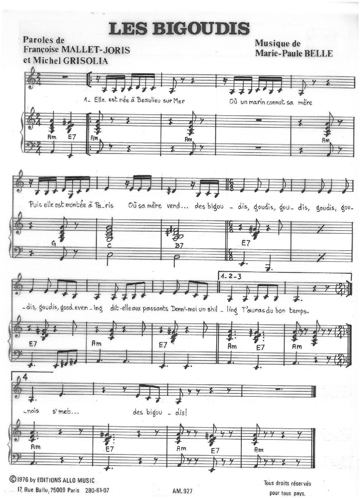 Learn to play Michel Grisolia, Françoise Mallet-Joris, Marie Paule Belle Les Bigoudis sheet music for Piano & Vocal in minutes. Price: 7.8900$ Michel Grisolia, Françoise Mallet-Joris, Marie Paule Belle Les Bigoudis sheet music notes and chords arranged for Piano & Vocal
