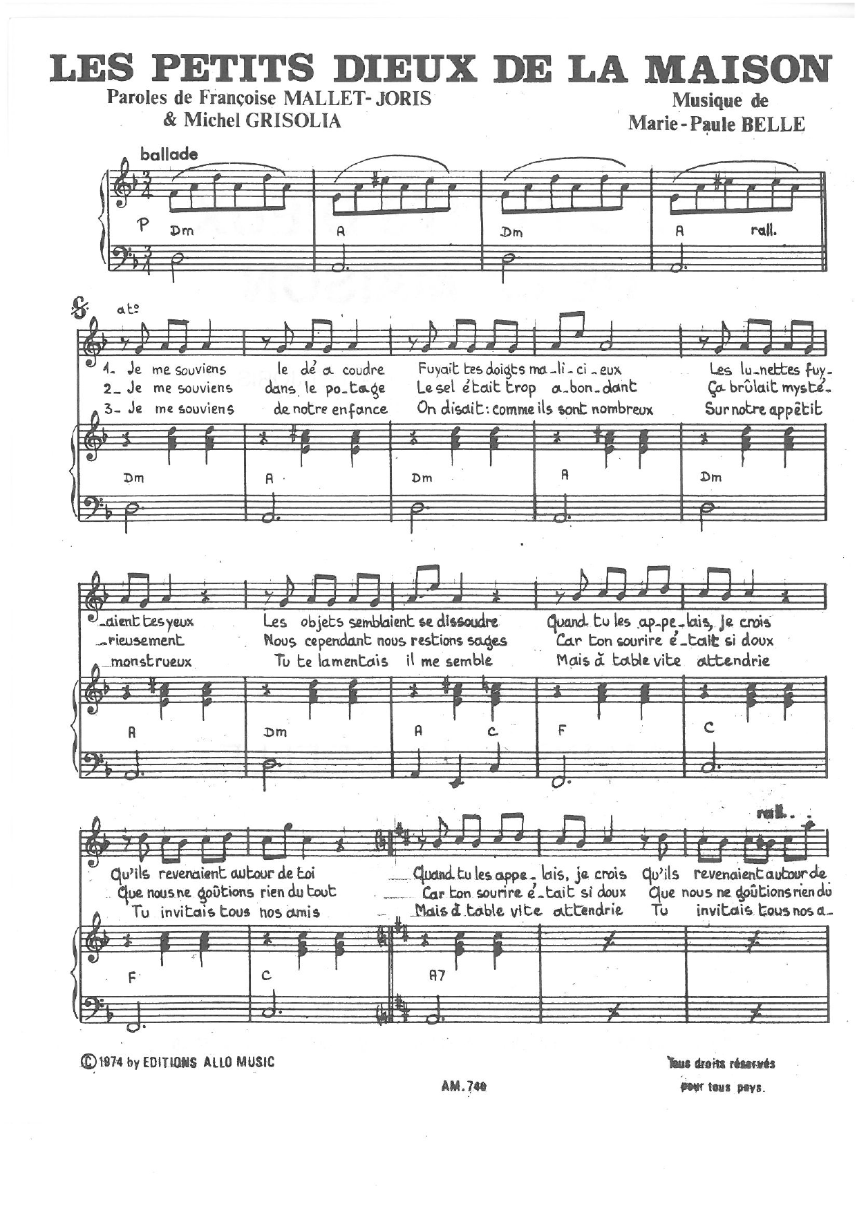Learn to play Michel Grisolia, Françoise Mallet-Joris, Marie Paule Belle Les Petits Dieux De La Maison sheet music for Piano & Vocal in minutes. Price: 7.8900$ Michel Grisolia, Françoise Mallet-Joris, Marie Paule Belle Les Petits Dieux De La Maison sheet music notes and chords arranged for Piano & Vocal