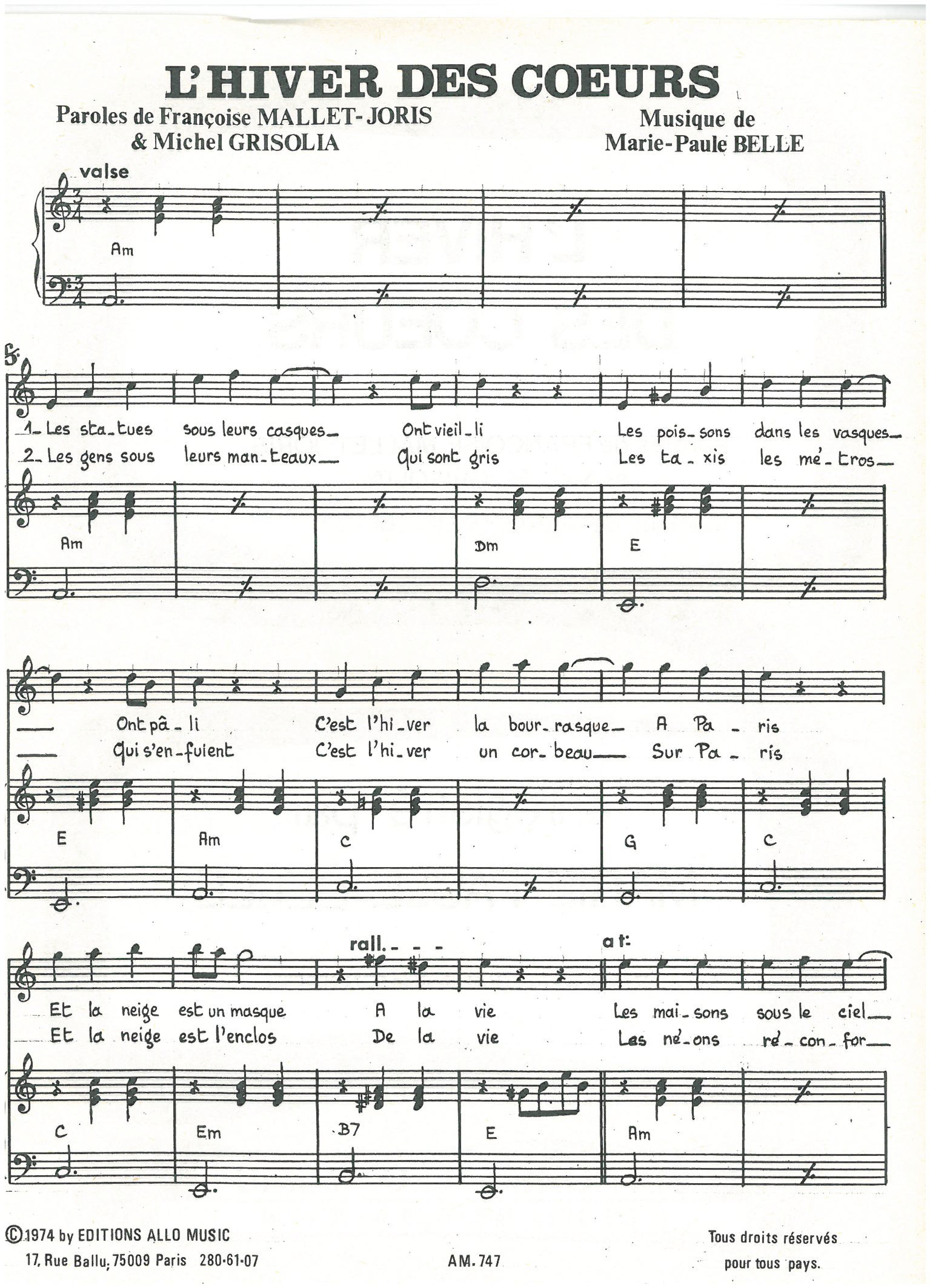 Learn to play Michel Grisolia, Françoise Mallet-Joris, Marie Paule Belle L'hiver Des Coeurs sheet music for Piano & Vocal in minutes. Price: 7.8900$ Michel Grisolia, Françoise Mallet-Joris, Marie Paule Belle L'hiver Des Coeurs sheet music notes and chords arranged for Piano & Vocal