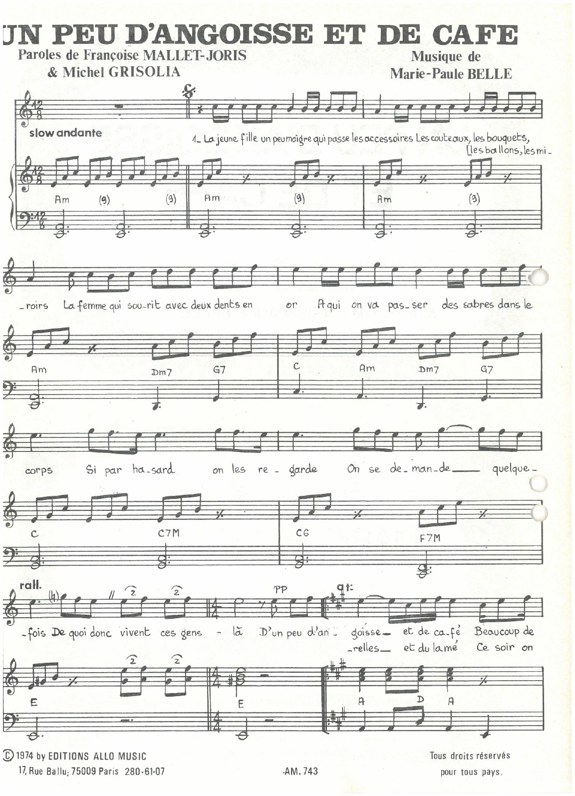 Michel Grisolia, Françoise Mallet-Joris, Marie Paule Belle Un Peu D'angoisse Et De Cafe sheet music notes and chords arranged for Piano & Vocal