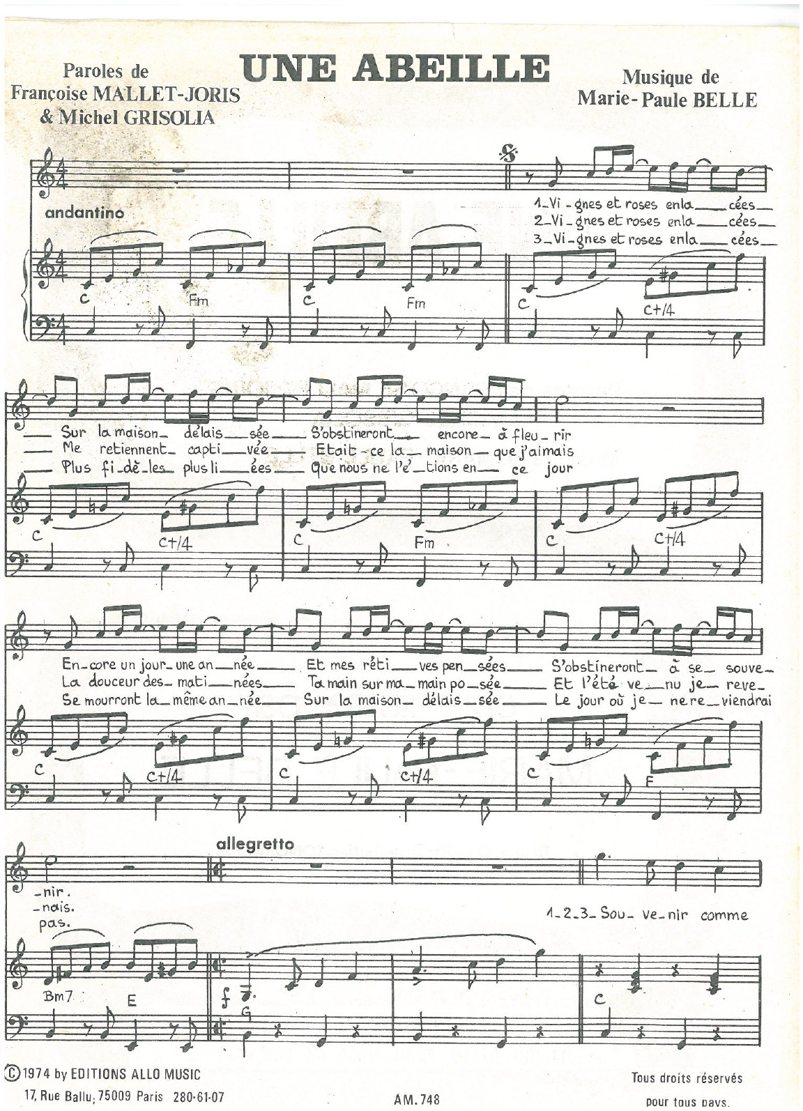 Learn to play Michel Grisolia, Françoise Mallet-Joris, Marie Paule Belle Une Abeille sheet music for Piano & Vocal in minutes. Price: 7.8900$ Michel Grisolia, Françoise Mallet-Joris, Marie Paule Belle Une Abeille sheet music notes and chords arranged for Piano & Vocal