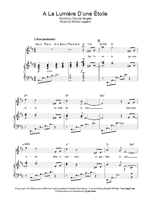 Learn to play Michel Legrand A La Lumiere D'une Etoile sheet music for Piano, Vocal & Guitar Chords in minutes. Price: 7.8900$ Michel Legrand A La Lumiere D'une Etoile sheet music notes and chords arranged for Piano, Vocal & Guitar Chords