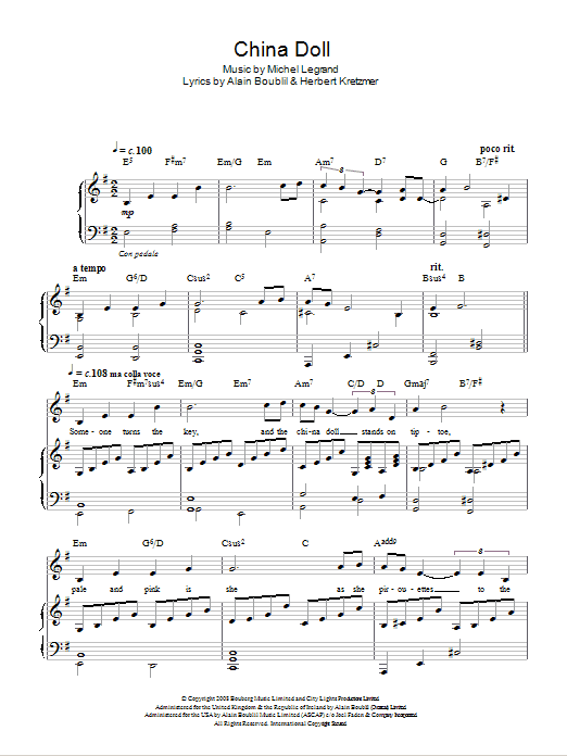 Learn to play Michel Legrand China Doll (from Marguerite) sheet music for Piano, Vocal & Guitar Chords in minutes. Price: 7.8900$ Michel Legrand China Doll (from Marguerite) sheet music notes and chords arranged for Piano, Vocal & Guitar Chords