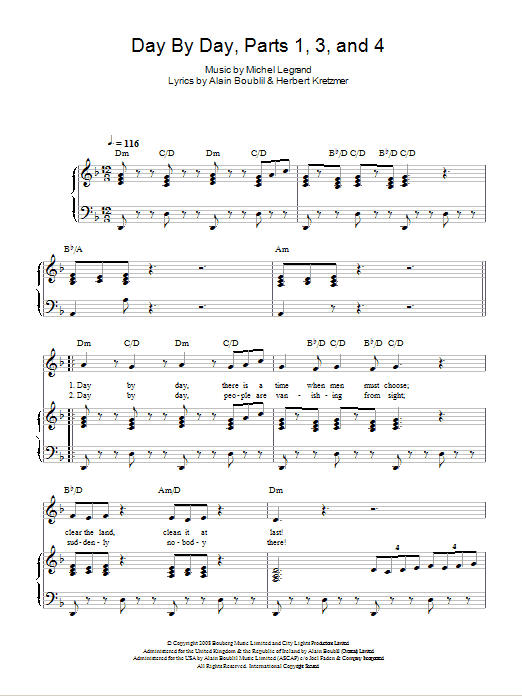 Learn to play Michel Legrand Day By Day Parts 1, 3 And 4 (from Marguerite) sheet music for Piano, Vocal & Guitar Chords in minutes. Price: 7.8900$ Michel Legrand Day By Day Parts 1, 3 And 4 (from Marguerite) sheet music notes and chords arranged for Piano, Vocal & Guitar Chords