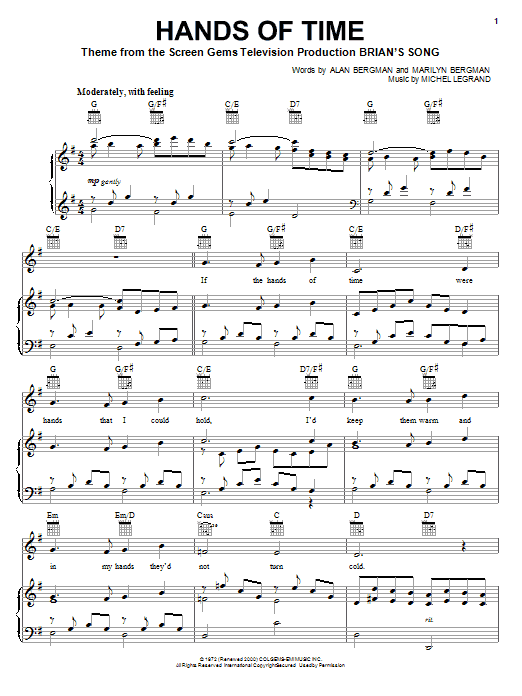 Learn to play Michel Legrand Hands Of Time sheet music for Piano, Vocal & Guitar Chords (Right-Hand Melody) in minutes. Price: 7.8900$ Michel Legrand Hands Of Time sheet music notes and chords arranged for Piano, Vocal & Guitar Chords (Right-Hand Melody)