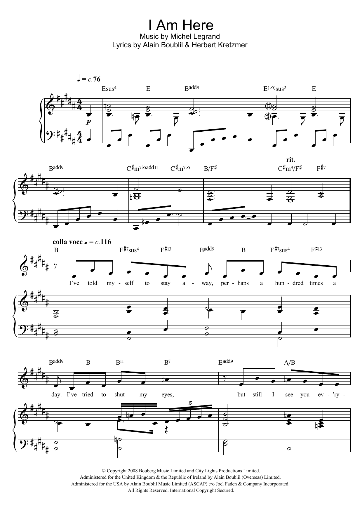Learn to play Michel Legrand I Am Here (from 'Marguerite') sheet music for Piano, Vocal & Guitar Chords in minutes. Price: 7.8900$ Michel Legrand I Am Here (from 'Marguerite') sheet music notes and chords arranged for Piano, Vocal & Guitar Chords