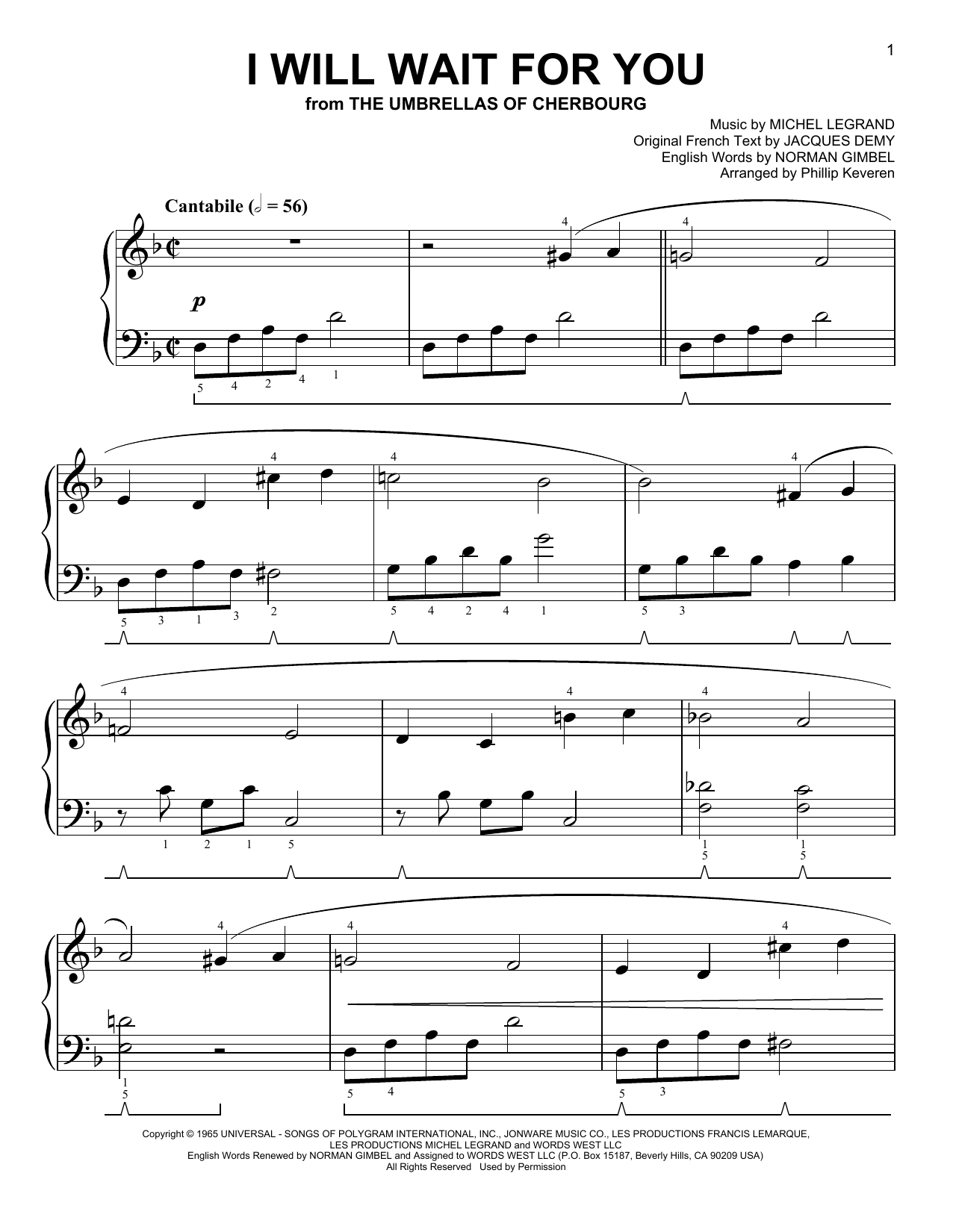 Michel Legrand I Will Wait For You [Classical version] (arr. Phillip Keveren) sheet music notes and chords arranged for Easy Piano