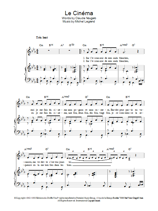 Learn to play Michel Legrand Le Cinema sheet music for Piano, Vocal & Guitar Chords in minutes. Price: 7.8900$ Michel Legrand Le Cinema sheet music notes and chords arranged for Piano, Vocal & Guitar Chords