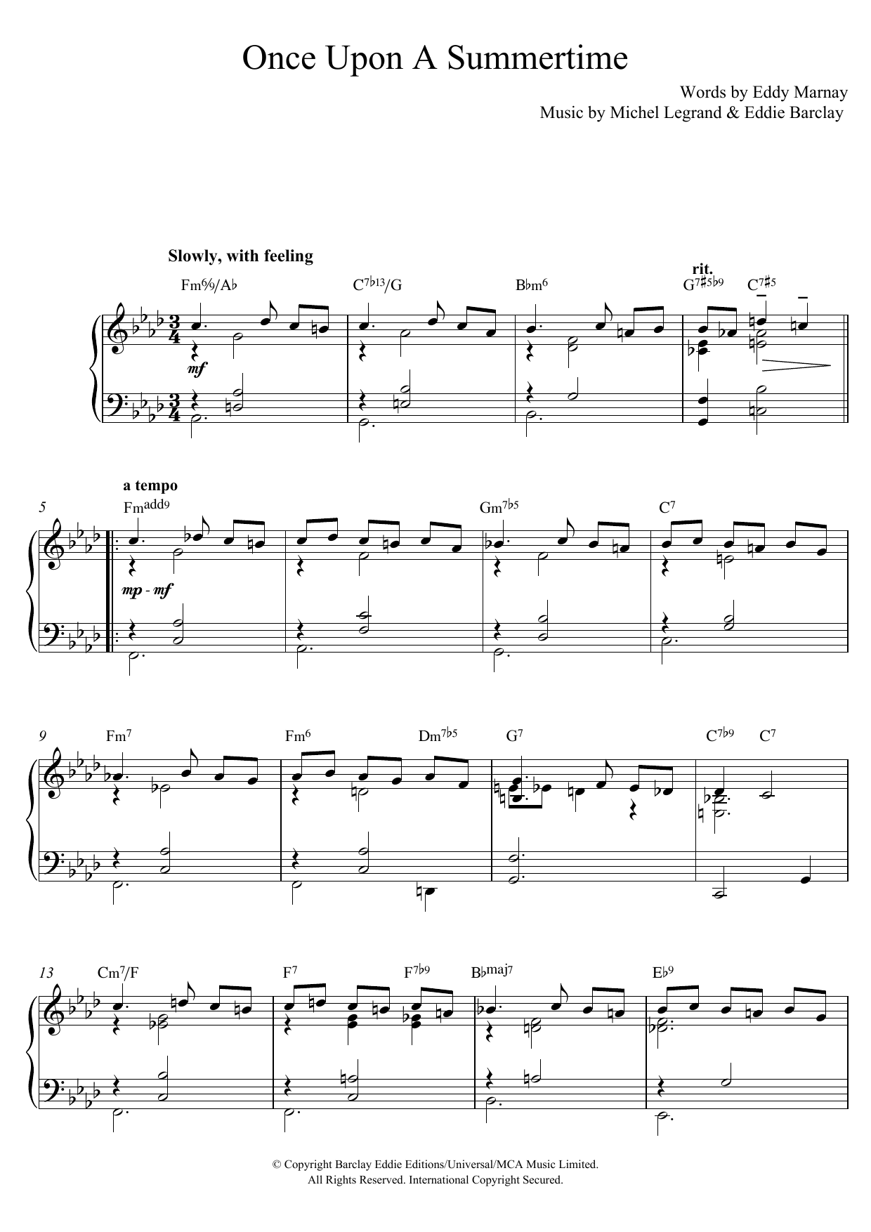 Michel Legrand Once Upon A Summertime sheet music notes and chords arranged for Piano Solo