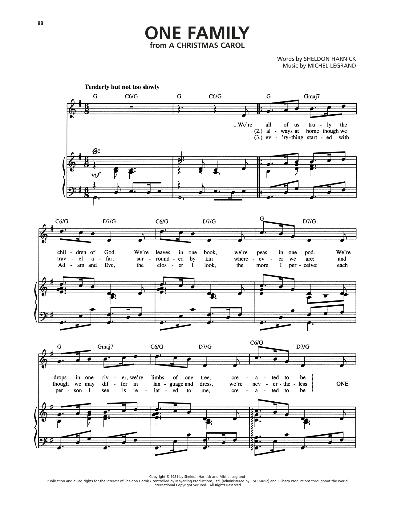Learn to play Michel Legrand One Family (from A Christmas Carol) sheet music for Piano, Vocal & Guitar Chords (Right-Hand Melody) in minutes. Price: 7.8900$ Michel Legrand One Family (from A Christmas Carol) sheet music notes and chords arranged for Piano, Vocal & Guitar Chords (Right-Hand Melody)