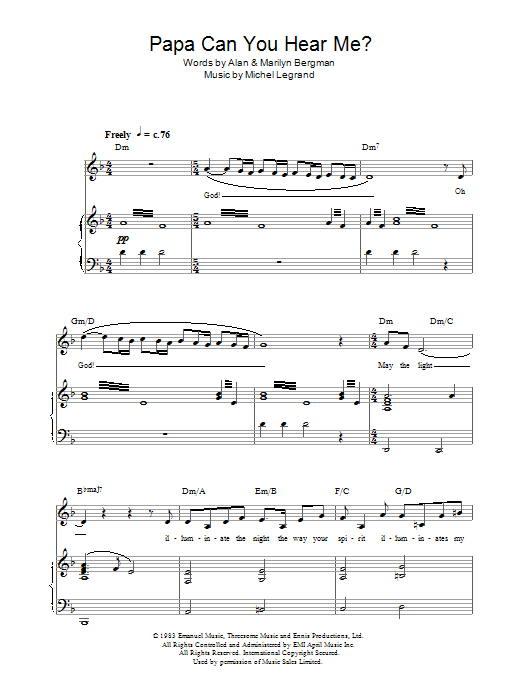 Learn to play Michel Legrand Papa Can You Hear Me? sheet music for Piano, Vocal & Guitar Chords in minutes. Price: 7.8900$ Michel Legrand Papa Can You Hear Me? sheet music notes and chords arranged for Piano, Vocal & Guitar Chords