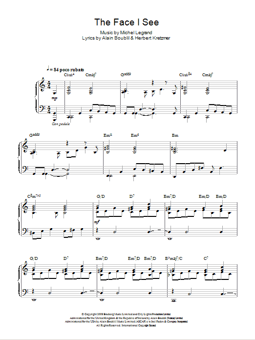 Learn to play Michel Legrand The Face I See (from Marguerite) sheet music for Piano, Vocal & Guitar Chords in minutes. Price: 7.8900$ Michel Legrand The Face I See (from Marguerite) sheet music notes and chords arranged for Piano, Vocal & Guitar Chords