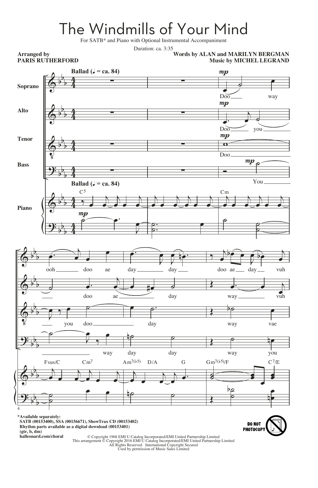 Michel Legrand The Windmills Of Your Mind (arr. Paris Rutherford) sheet music notes and chords. Download Printable PDF.