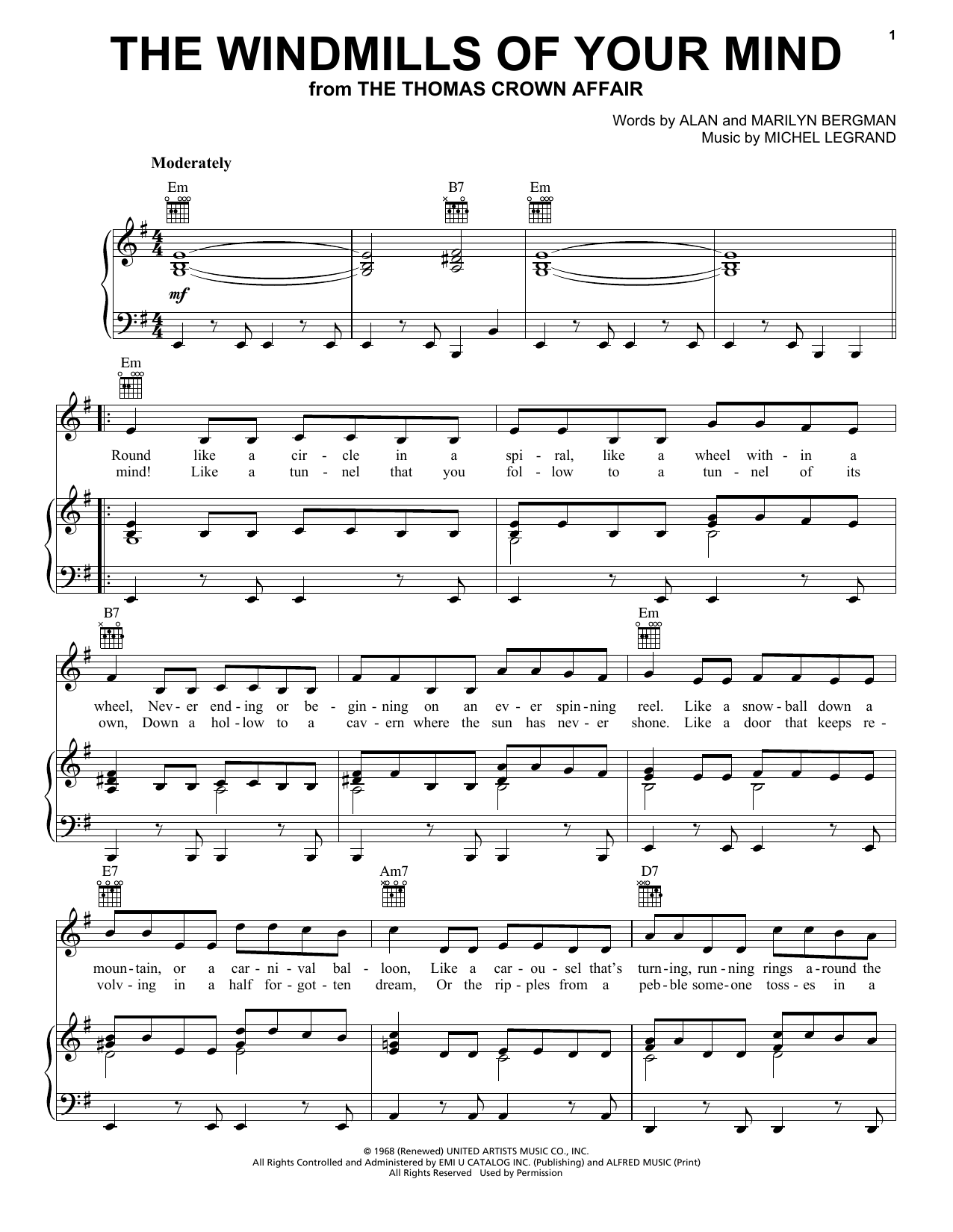 Michel LeGrand The Windmills Of Your Mind sheet music notes and chords. Download Printable PDF.