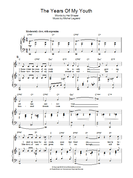 Learn to play Michel Legrand The Years Of My Youth sheet music for Piano, Vocal & Guitar Chords in minutes. Price: 7.8900$ Michel Legrand The Years Of My Youth sheet music notes and chords arranged for Piano, Vocal & Guitar Chords