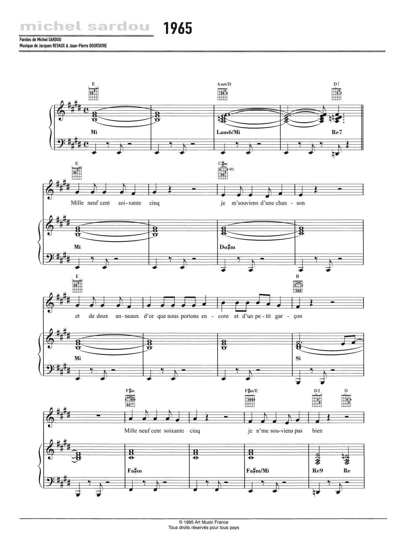 Learn to play Michel Sardou 1965 sheet music for Piano, Vocal & Guitar Chords in minutes. Price: 7.8900$ Michel Sardou 1965 sheet music notes and chords arranged for Piano, Vocal & Guitar Chords