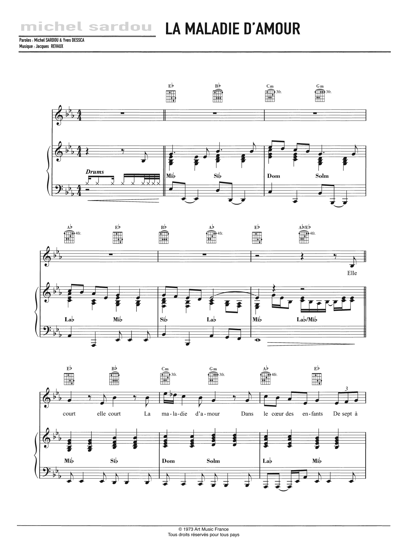 Michel Sardou La Maladie D'Amour sheet music notes and chords. Download Printable PDF.