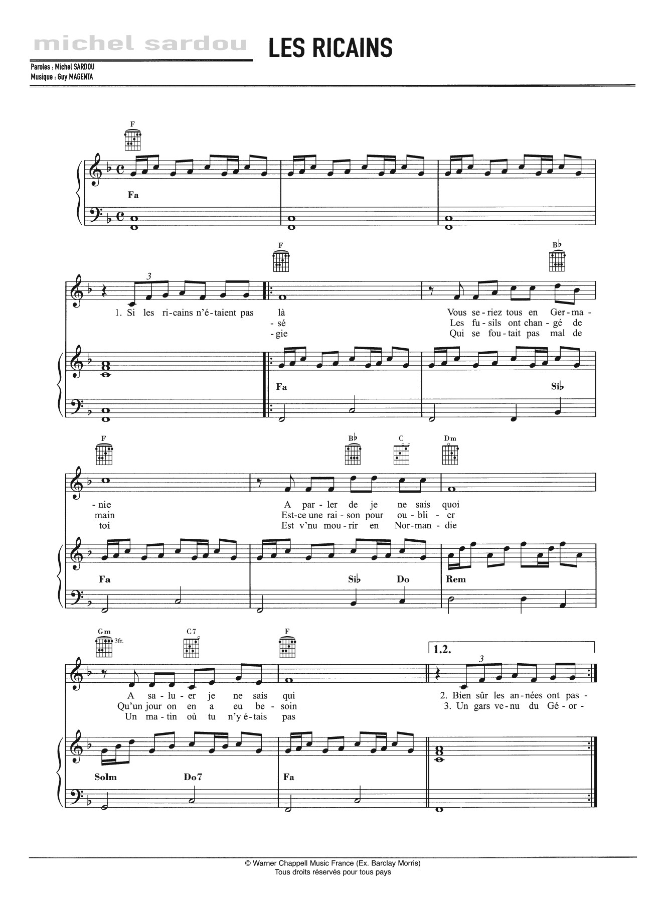 Michel Sardou Les Ricains sheet music notes and chords arranged for Piano, Vocal & Guitar Chords