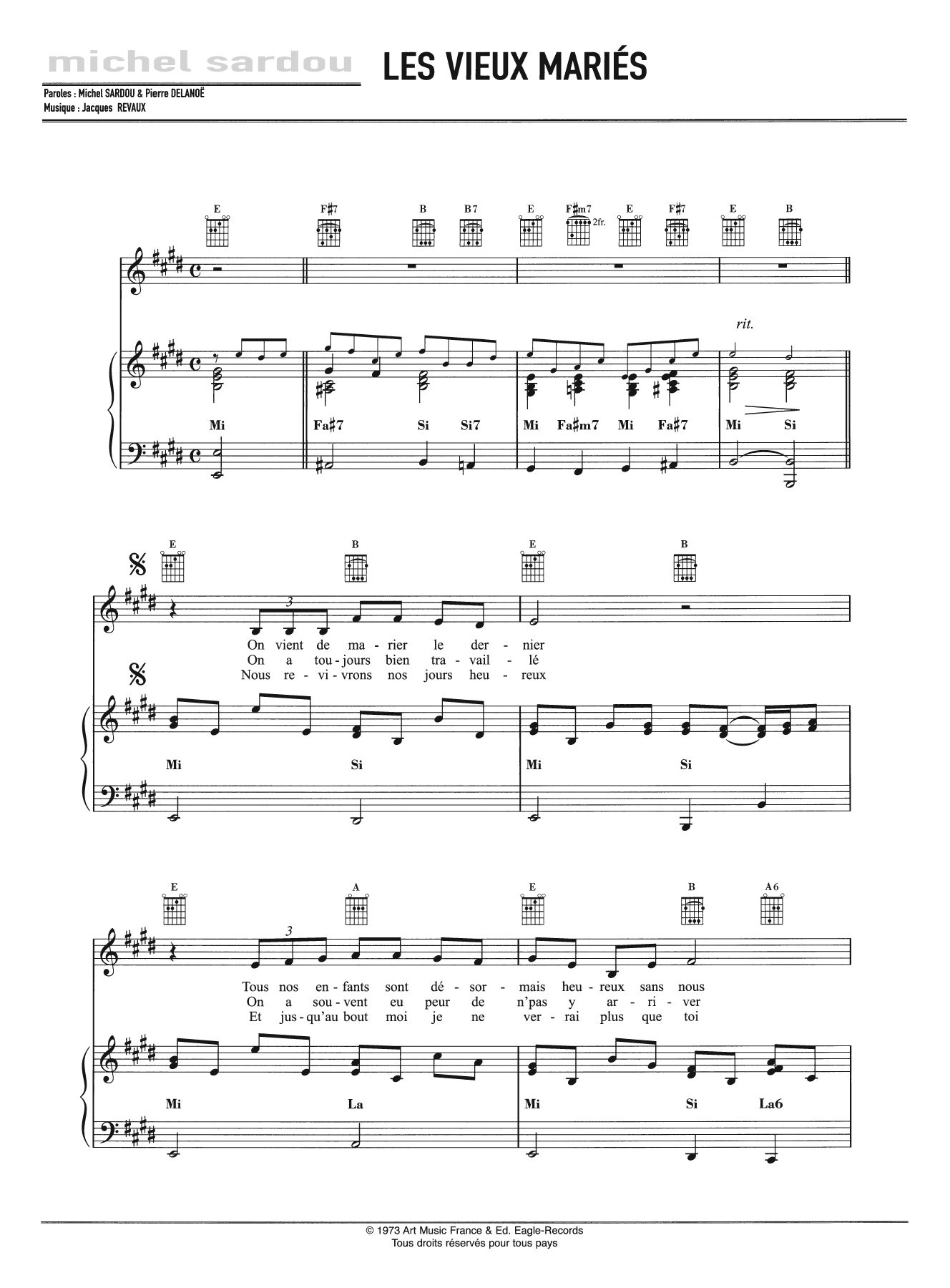 Learn to play Michel Sardou Les Vieux Mariés sheet music for Piano, Vocal & Guitar Chords in minutes. Price: 7.8900$ Michel Sardou Les Vieux Mariés sheet music notes and chords arranged for Piano, Vocal & Guitar Chords