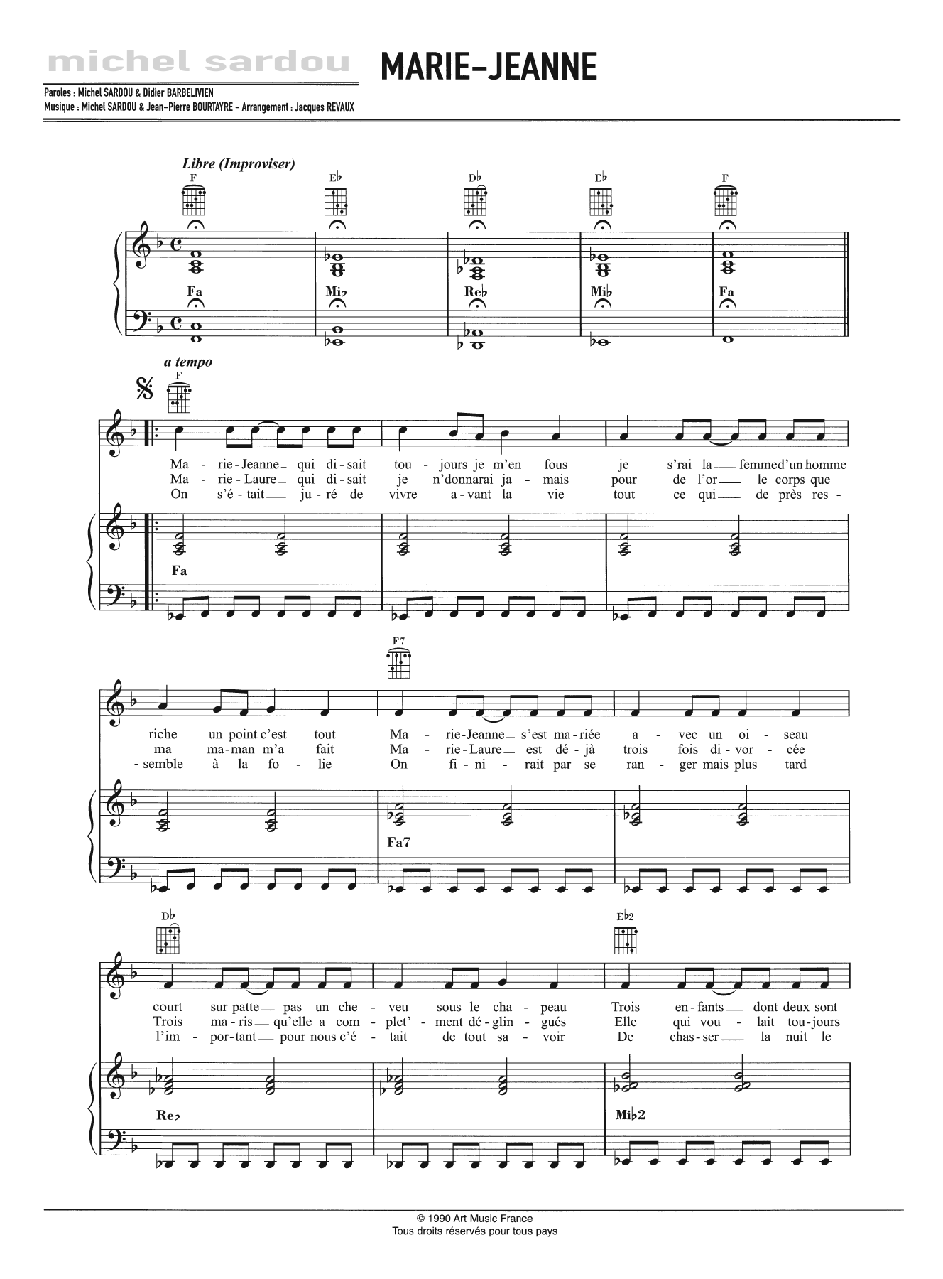 Learn to play Michel Sardou Marie-Jeanne sheet music for Piano, Vocal & Guitar Chords in minutes. Price: 7.8900$ Michel Sardou Marie-Jeanne sheet music notes and chords arranged for Piano, Vocal & Guitar Chords