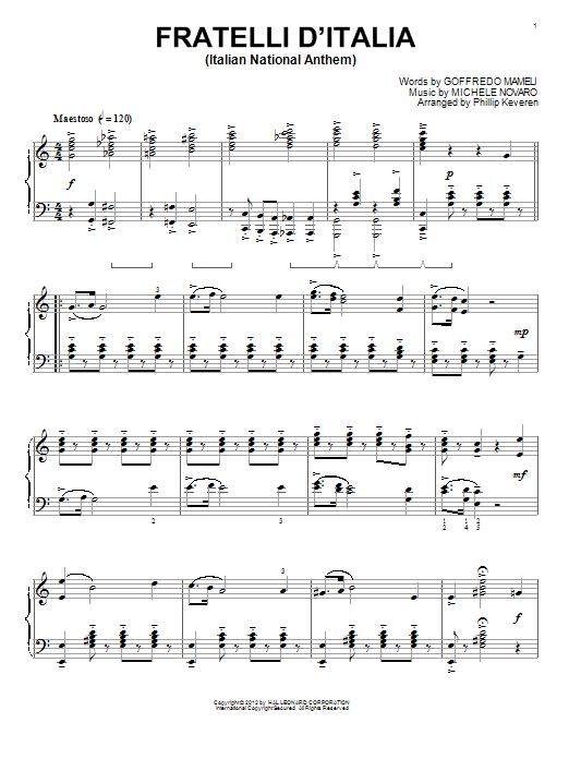 Learn to play Michele Novaro Italian National Anthem (Fratelli d'Italia) sheet music for Piano Solo in minutes. Price: 7.8900$ Michele Novaro Italian National Anthem (Fratelli d'Italia) sheet music notes and chords arranged for Piano Solo