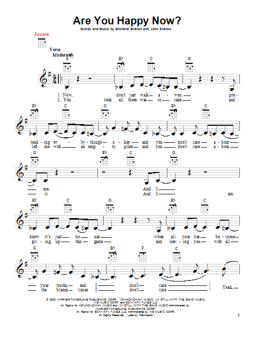 Learn to play Michelle Branch Are You Happy Now? sheet music for Ukulele in minutes. Price: 5.9900$ Michelle Branch Are You Happy Now? sheet music notes and chords arranged for Ukulele