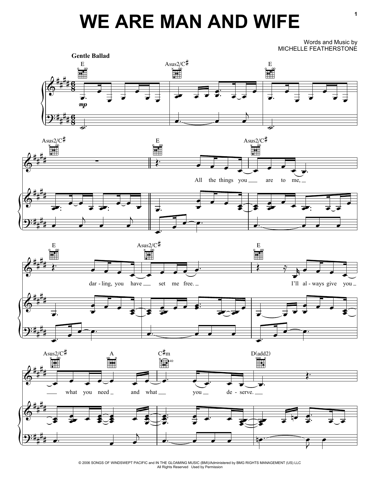 Learn to play Michelle Featherstone We Are Man And Wife sheet music for Piano, Vocal & Guitar Chords (Right-Hand Melody) in minutes. Price: 7.8900$ Michelle Featherstone We Are Man And Wife sheet music notes and chords arranged for Piano, Vocal & Guitar Chords (Right-Hand Melody)