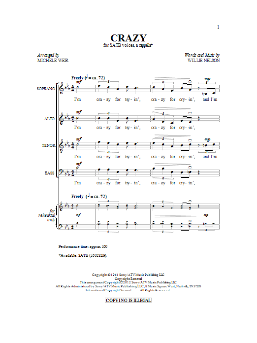 Patsy Cline Crazy (arr. Michelle Weir) sheet music notes and chords. Download Printable PDF.