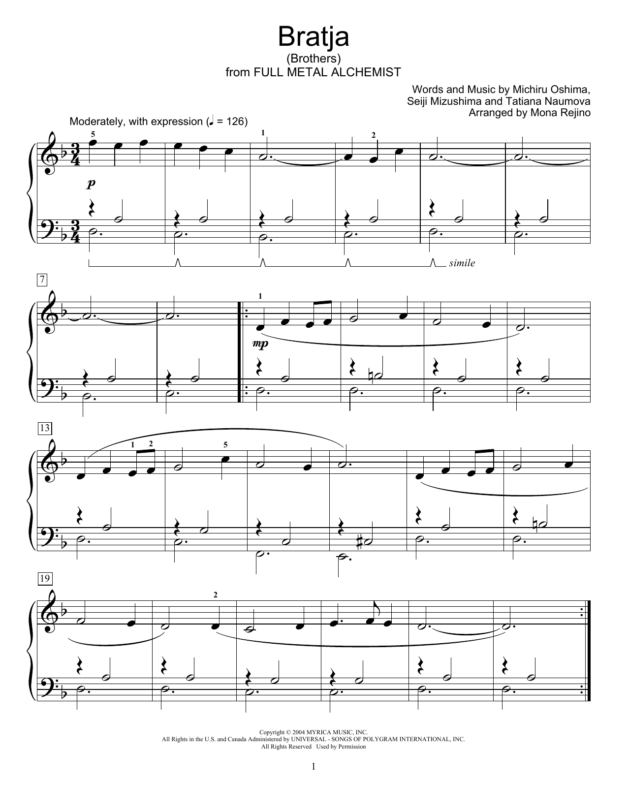 Learn to play Michiru Oshima, Seiji Mizushima and Tatiana Naumova Bratja (Brothers) (from Full Metal Alchemist) (arr. Mona Rejino) sheet music for Educational Piano in minutes. Price: 6.9900$ Michiru Oshima, Seiji Mizushima and Tatiana Naumova Bratja (Brothers) (from Full Metal Alchemist) (arr. Mona Rejino) sheet music notes and chords arranged for Educational Piano