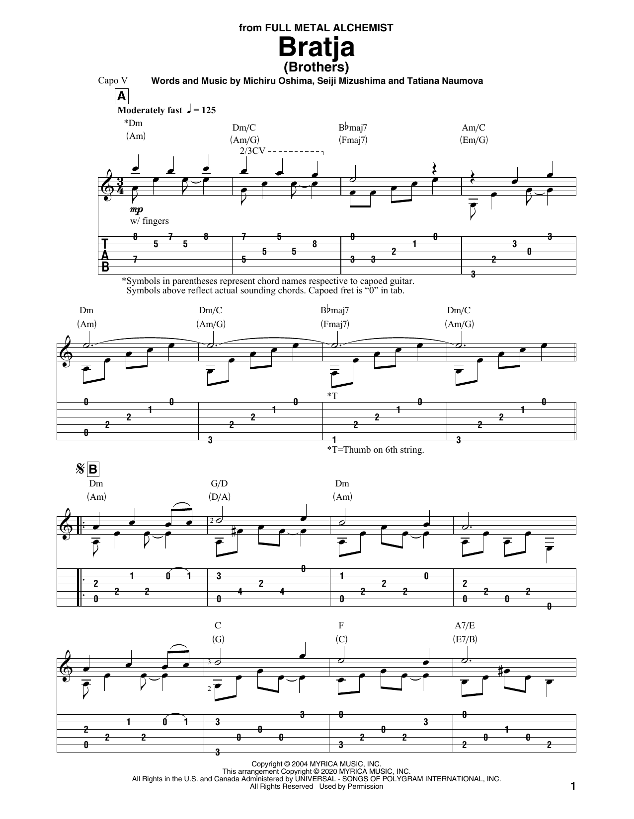 Michiru Oshima, Seiji Mizushima and Tatiana Naumova Bratja (Brothers) (from Full Metal Alchemist) sheet music notes and chords. Download Printable PDF.