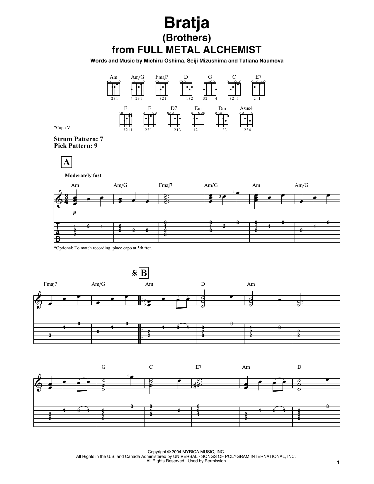 Michiru Oshima, Seiji Mizushima & Tatiana Naumova Bratja (Brothers) (from Full Metal Alchemist) sheet music notes and chords. Download Printable PDF.