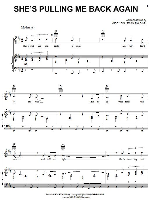Mickey Gilley She's Pulling Me Back Again sheet music notes and chords arranged for Piano, Vocal & Guitar Chords (Right-Hand Melody)